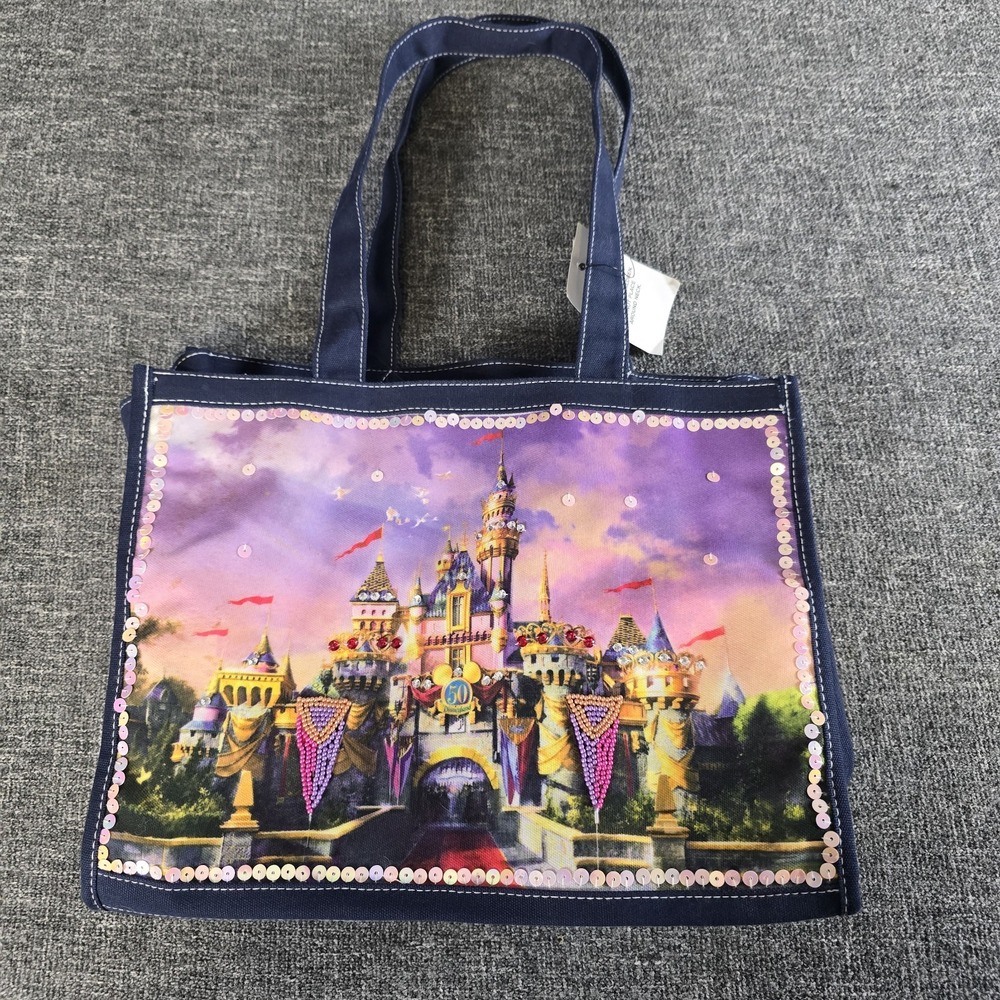 NWT Disney Parks Disneyland 50th Anniversary Castle Sequin Canvas Tote Bag Navy